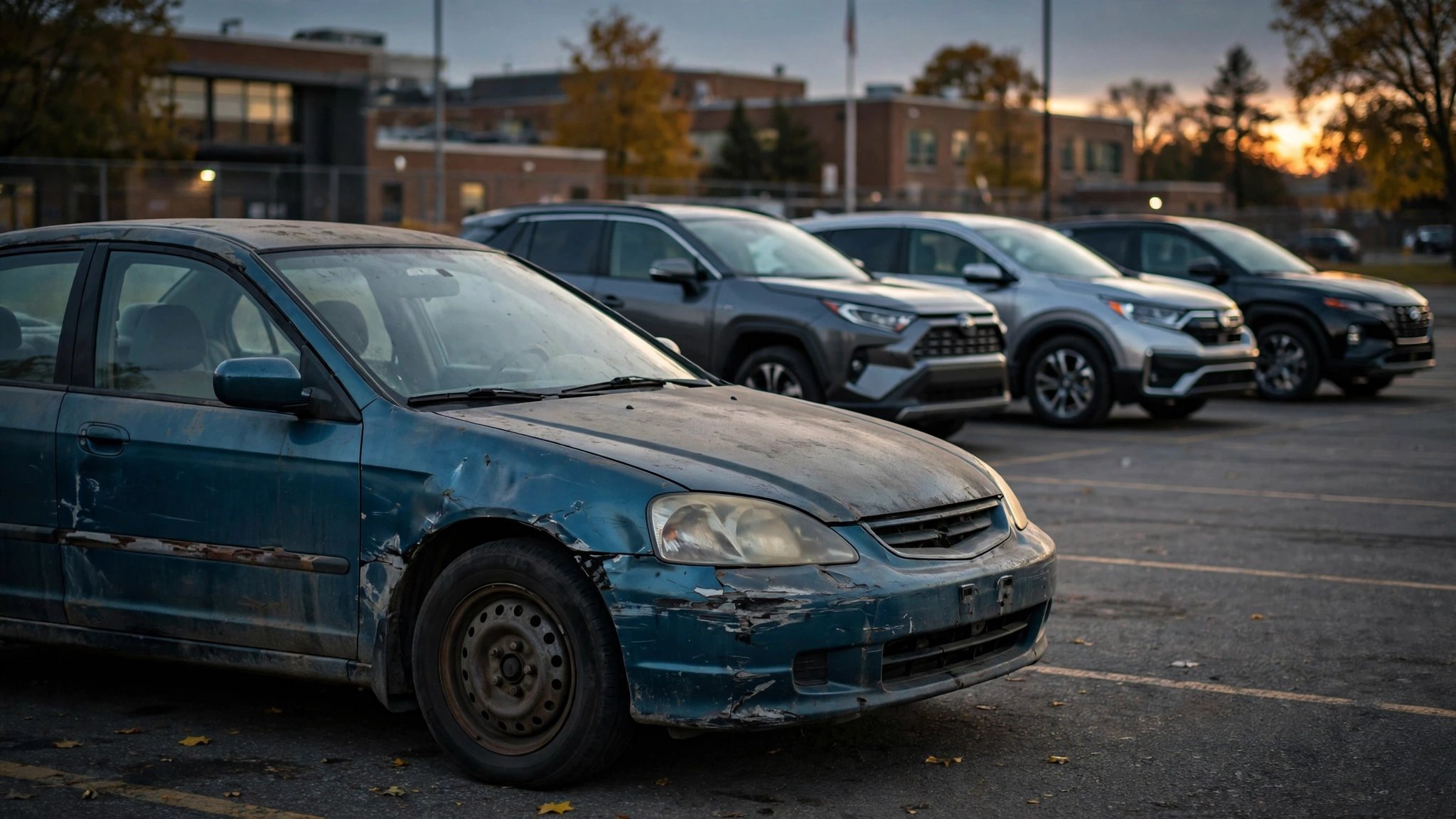 A faded early 2000s sedan in a high school parking lot at dusk, newer crossover SUVs visible in the background
