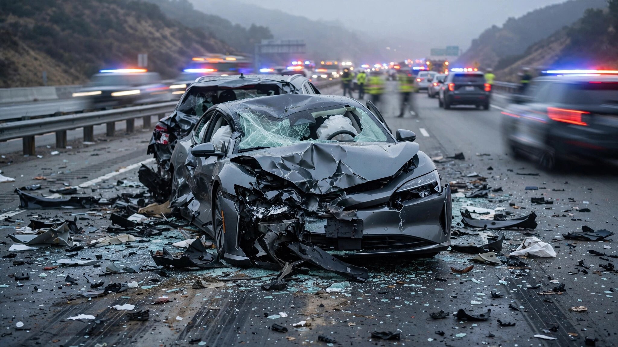 Crumpled electric sedan smashed into stopped traffic on a California highway