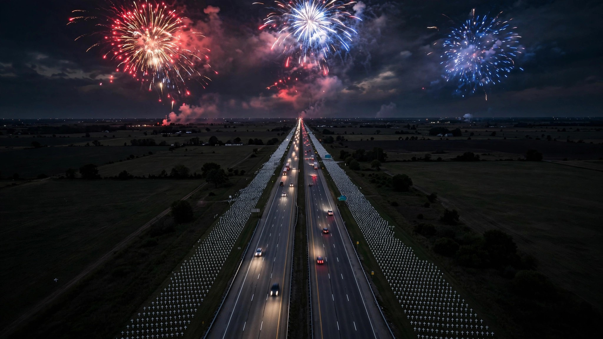 A somber American flag at half-staff with a highway stretching into the distance