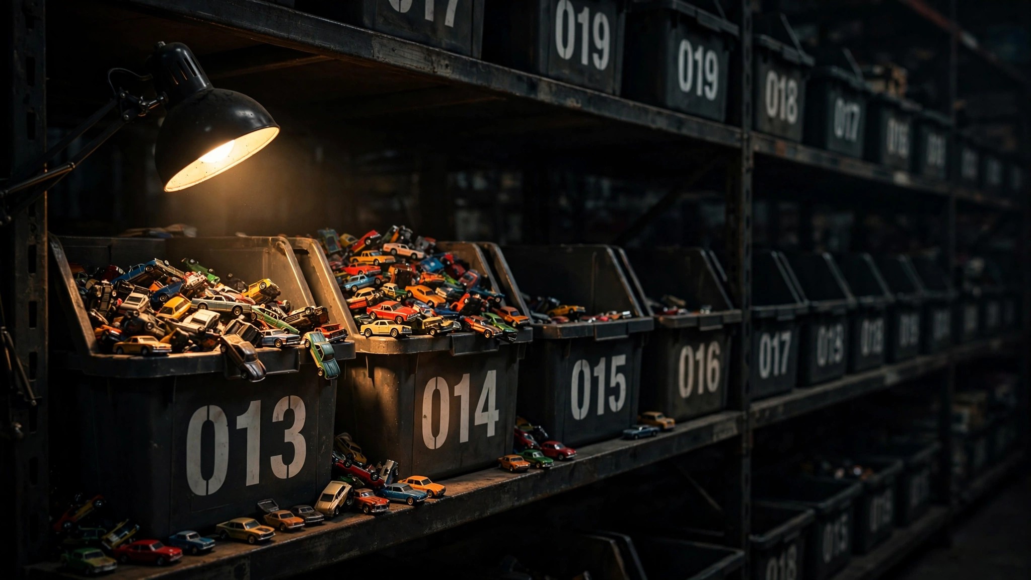 Warehouse bins stretching into darkness containing vehicle data