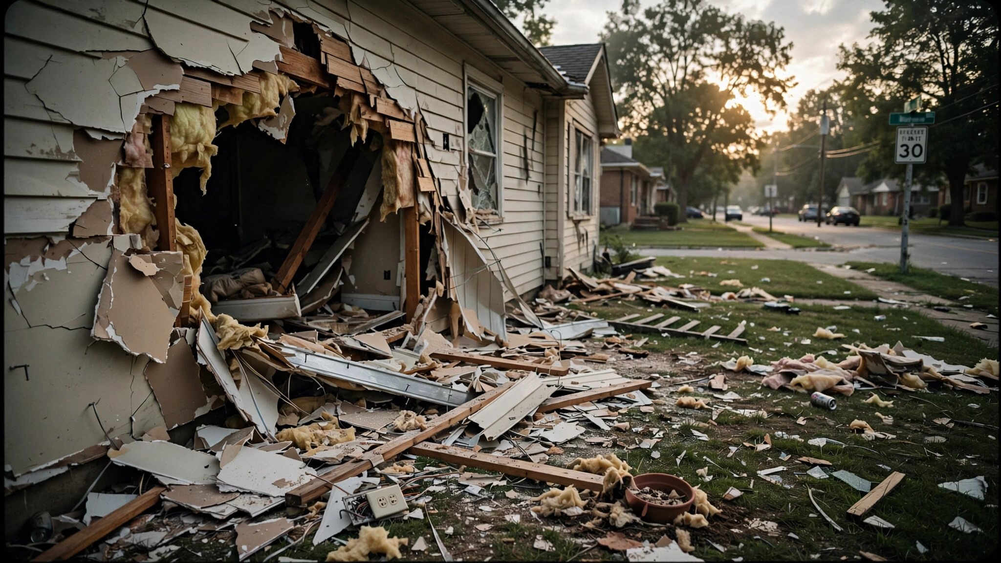 Shattered suburban house wall with car-sized hole, debris on lawn, 30 mph speed limit sign in background