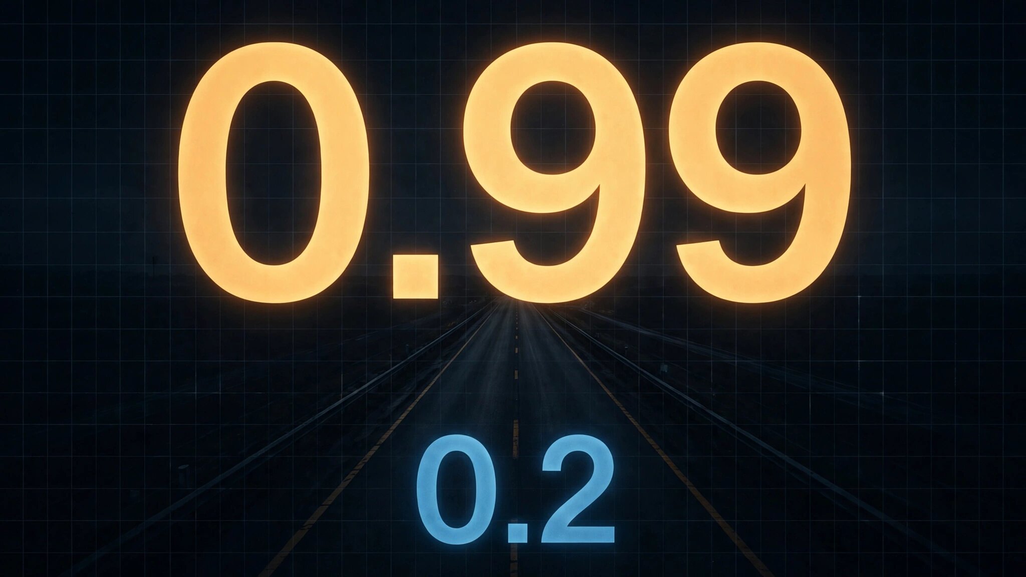 Glowing orange 0.99 looming over a dark highway at night, with Norway's 0.2 in blue on the road below