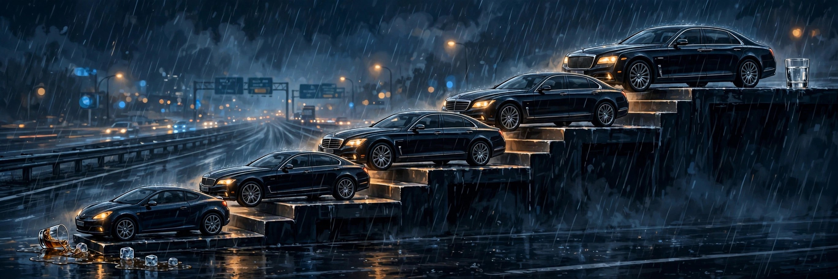 Luxury sedans descending a rain-soaked staircase at night, a spilled whiskey glass on the lowest step