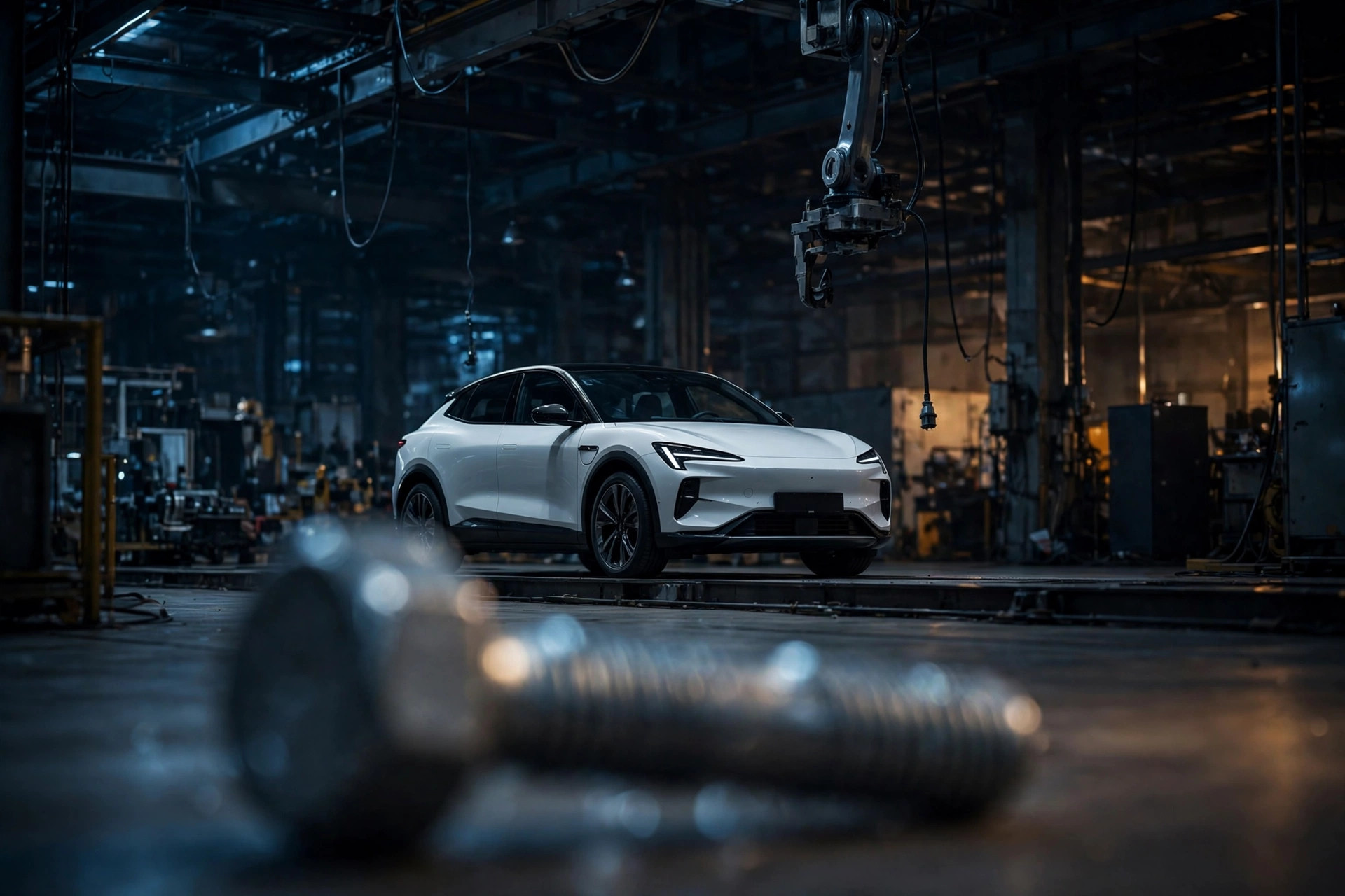 Tesla Model Y on an assembly line with a robotic torque wrench and scattered bolts