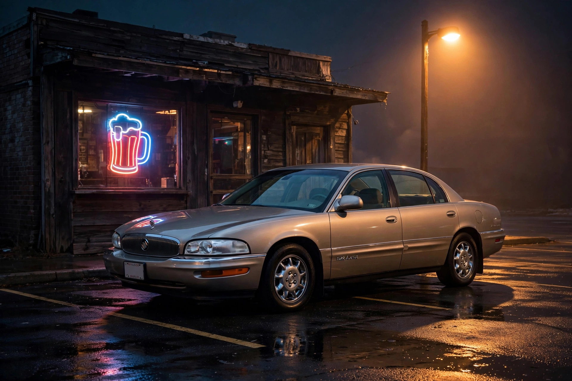 A beige early-2000s Buick Park Avenue sedan parked outside a dive bar at night, neon beer sign glowing in the window
