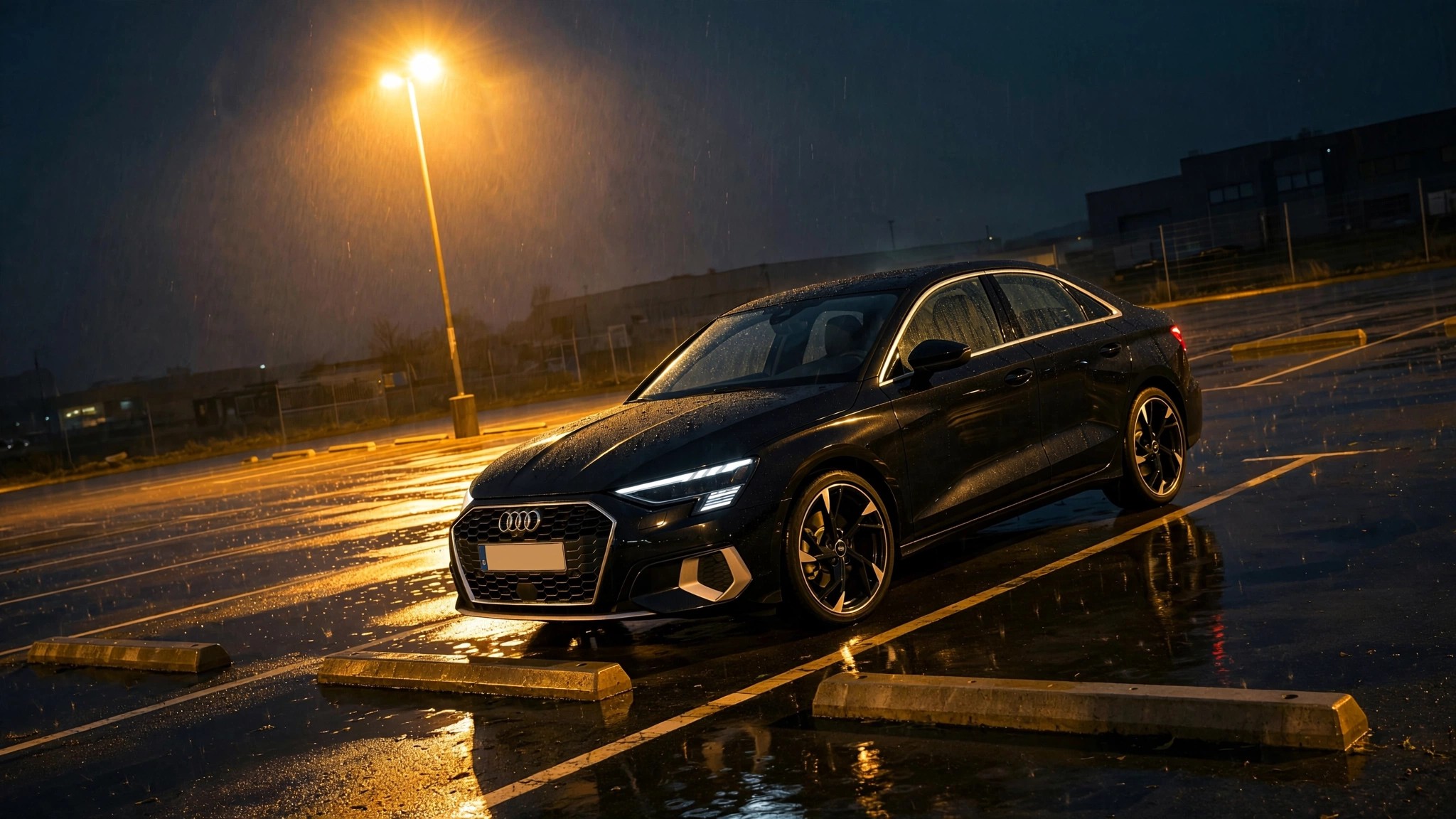 Audi A3 sedan at night under harsh sodium streetlight