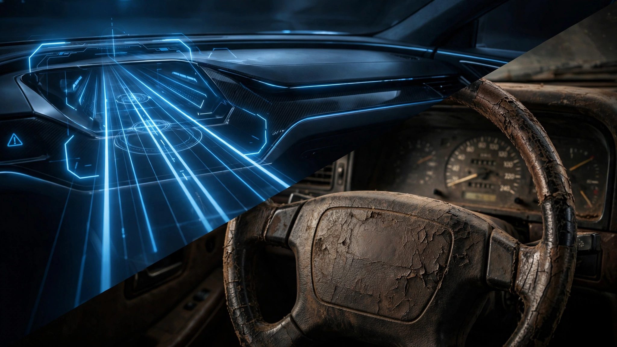 Split view of modern ADAS dashboard versus old car interior