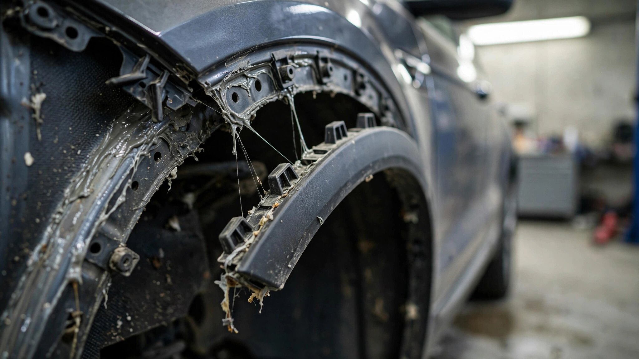Detached car exterior panel showing adhesive residue in service bay