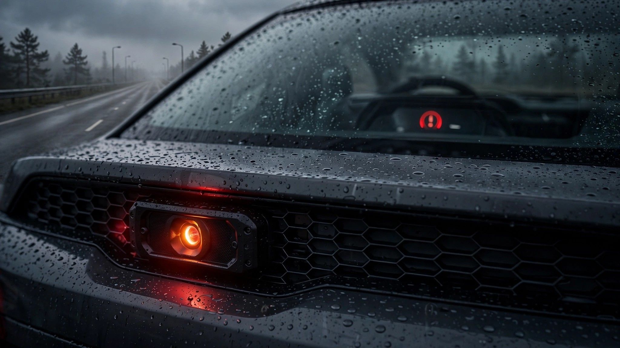 A car's AEB radar sensor glowing on an empty highway with brake lights illuminated