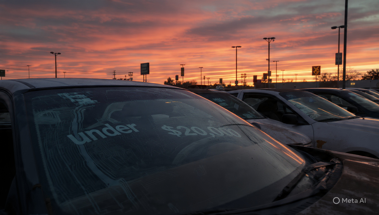 Empty dealership lot with price stickers and a fading row of discontinued economy cars