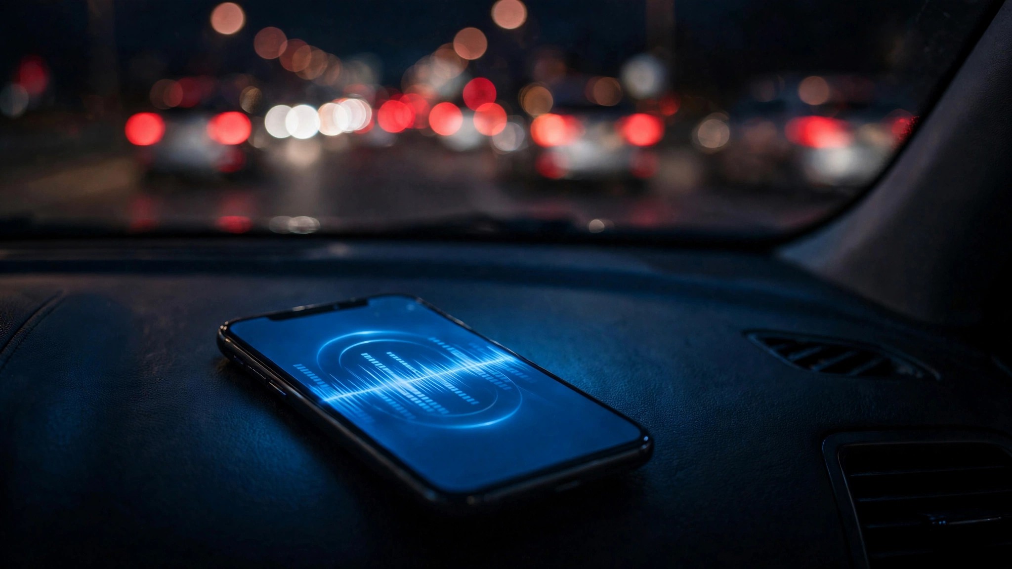 A smartphone with a music streaming app glowing on a car dashboard at night with blurred highway lights through the windshield