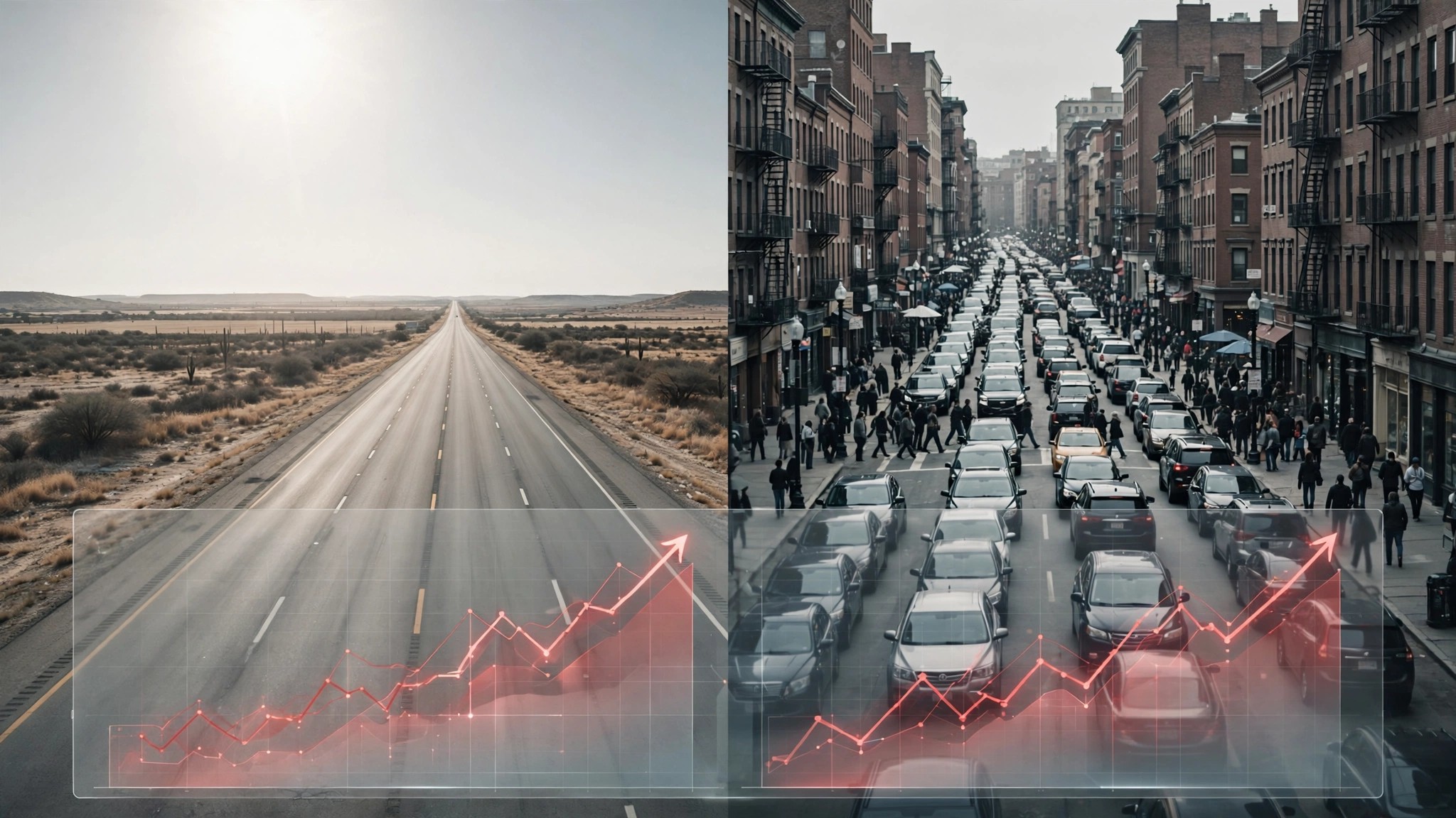 Split view of empty Texas highway versus dense Boston city street with opposing data arrows