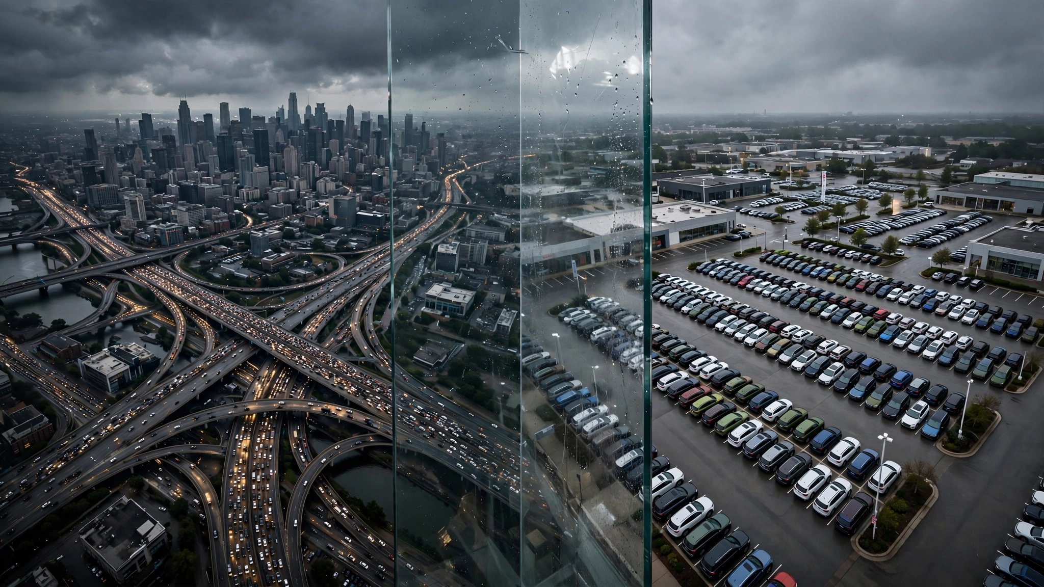 A split image: an Allstate city ranking map on one side, a dealership showroom with contrasting vehicle death rates on the other