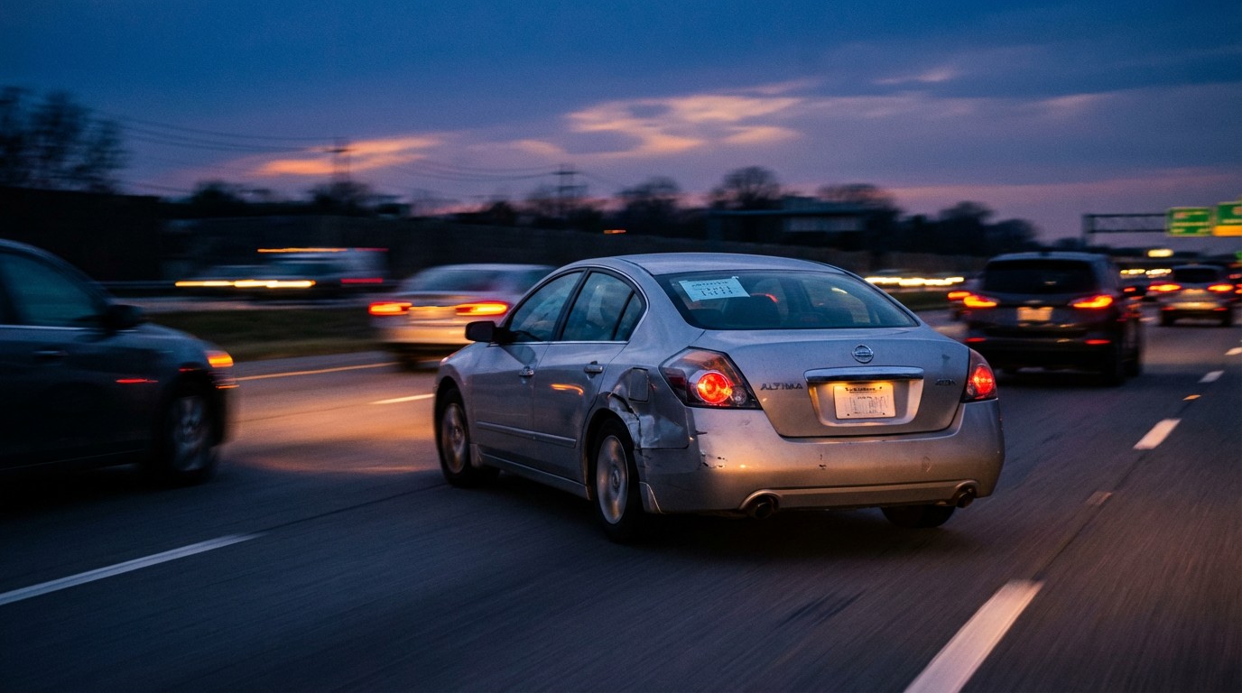Dented silver Nissan Altima driving aggressively on a highway