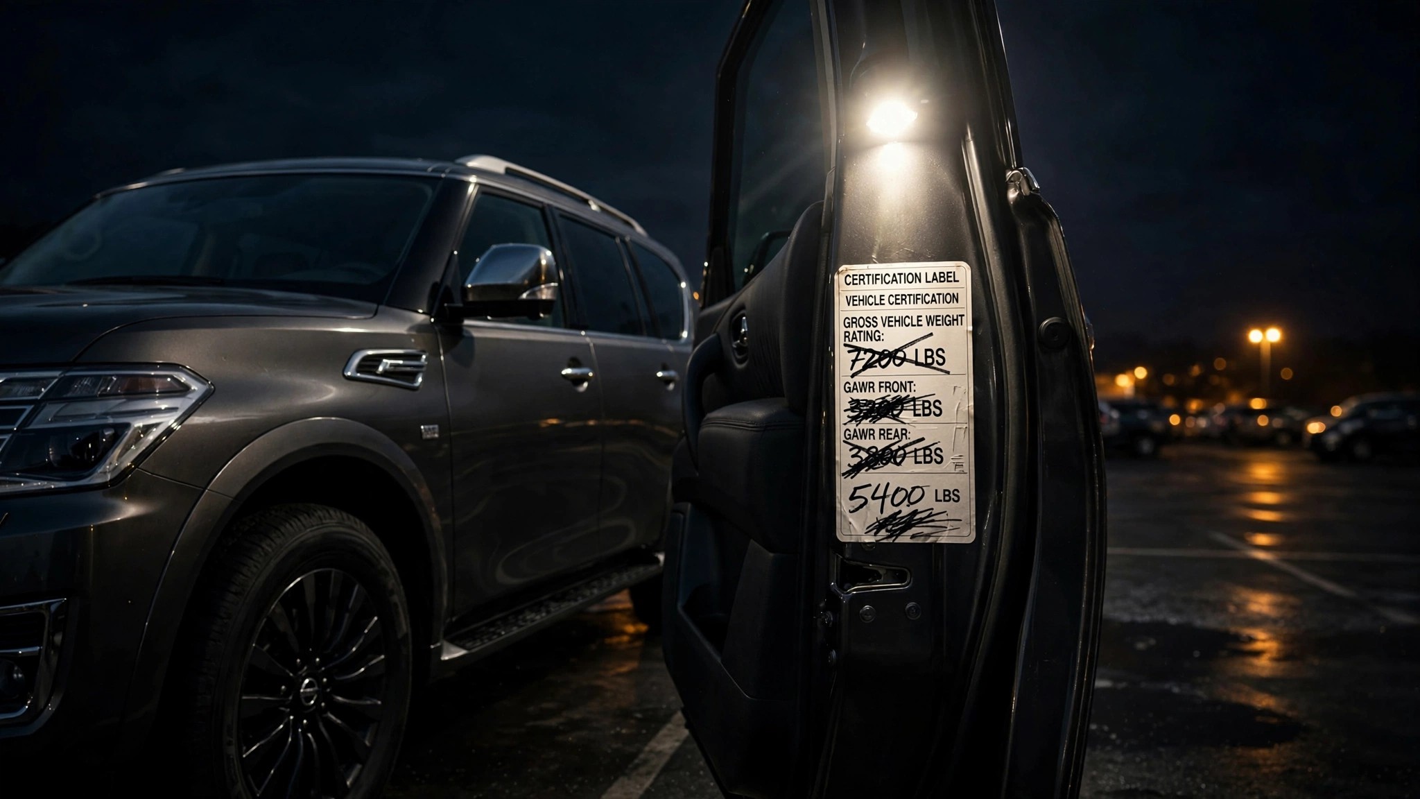 Full-size SUV with open door showing certification label under spotlight