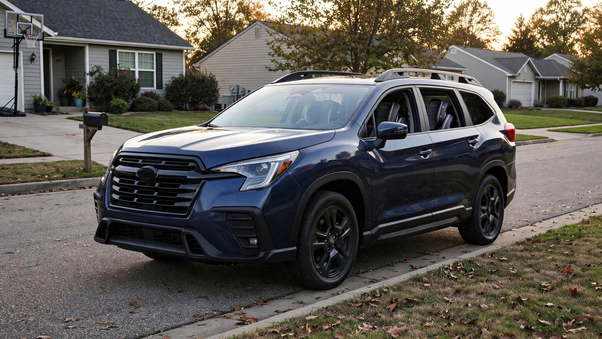 A Subaru Ascent parked in a suburban cul-de-sac at golden hour, child seats visible through the rear window