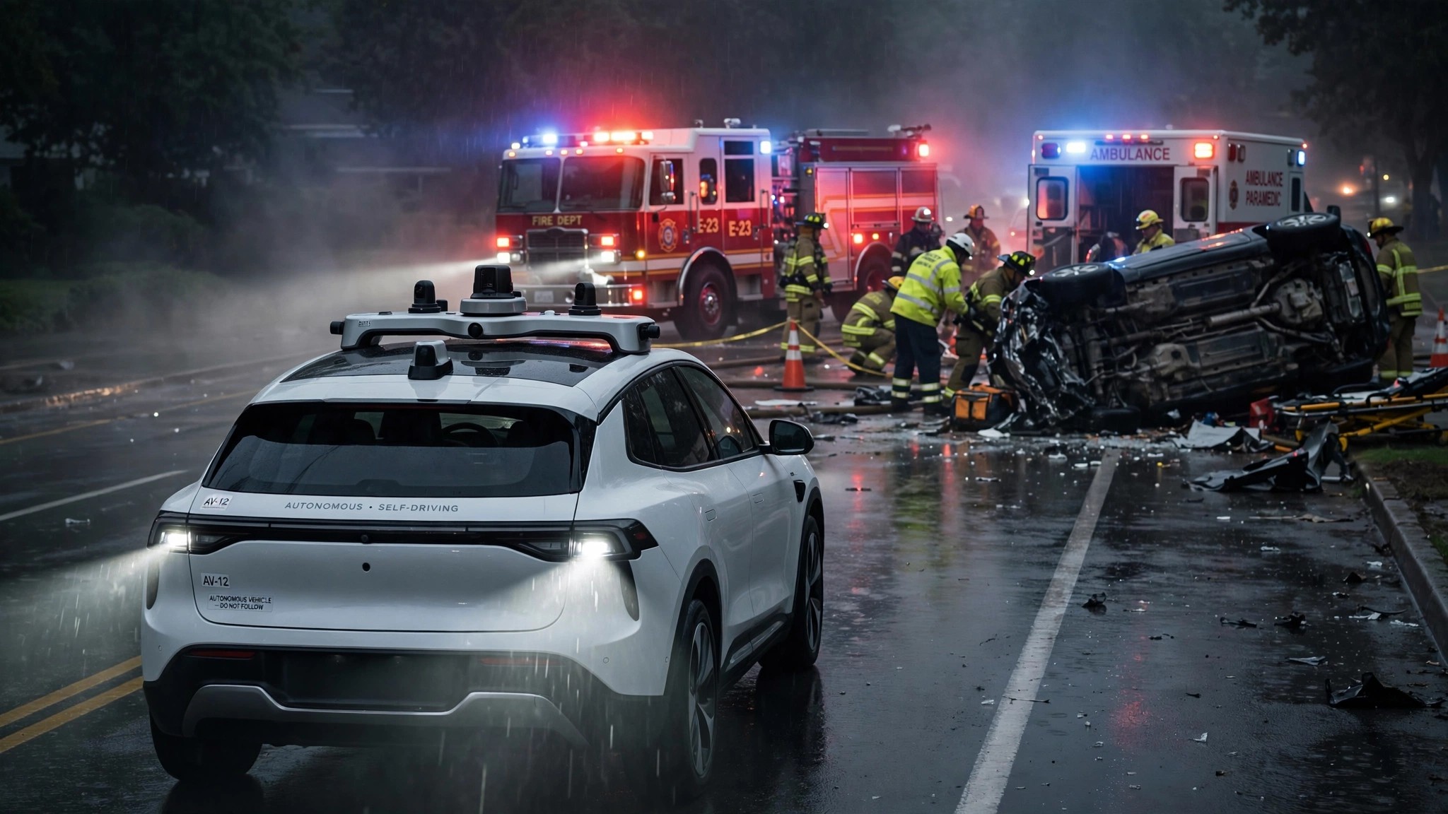 An autonomous vehicle stopped in the road, blocking emergency responders at a nighttime crash scene with flashing red and blue lights