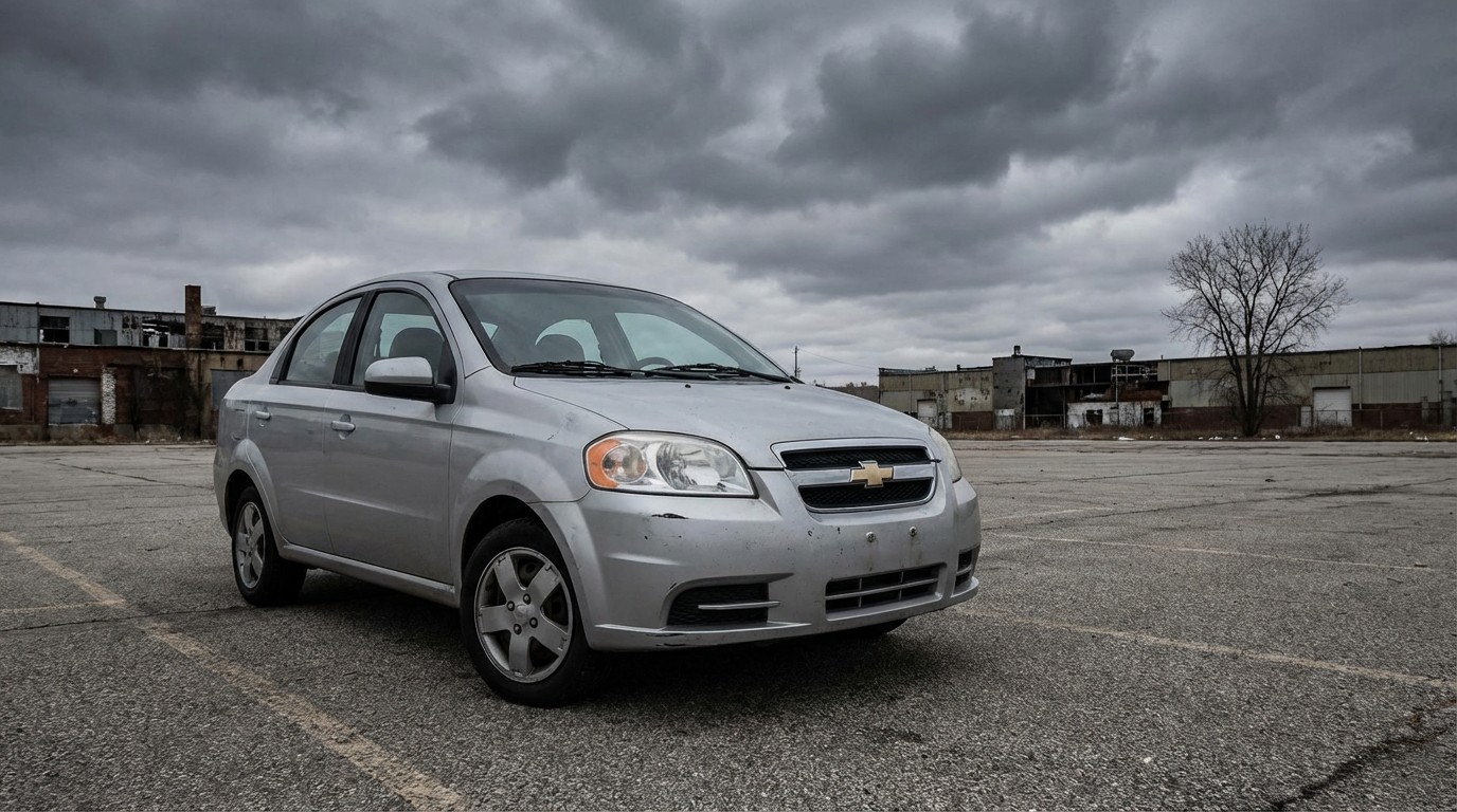 Silver Chevrolet Aveo sedan parked in an empty lot