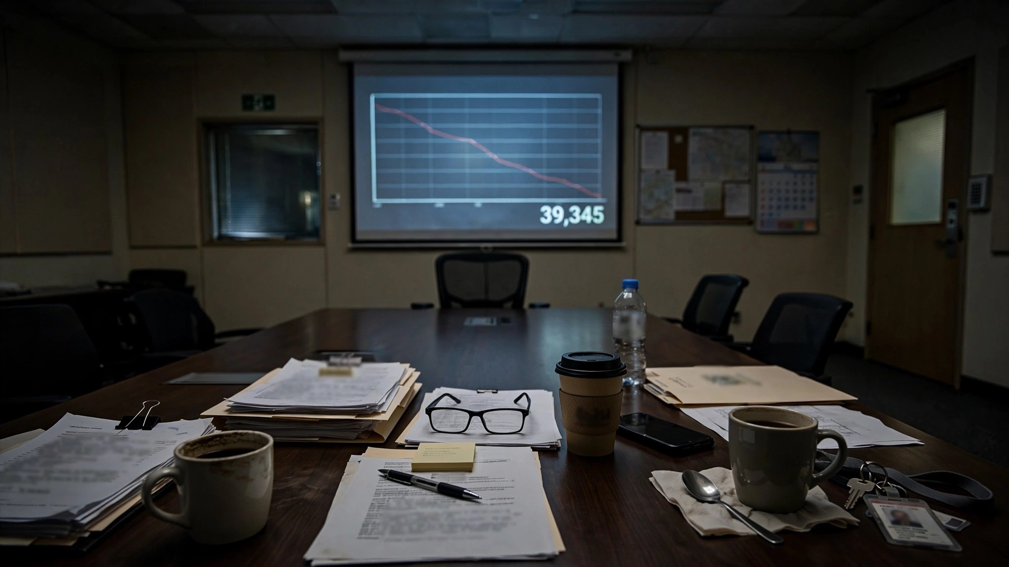 A dim government conference room with a descending line graph showing 39,345 on a projector screen