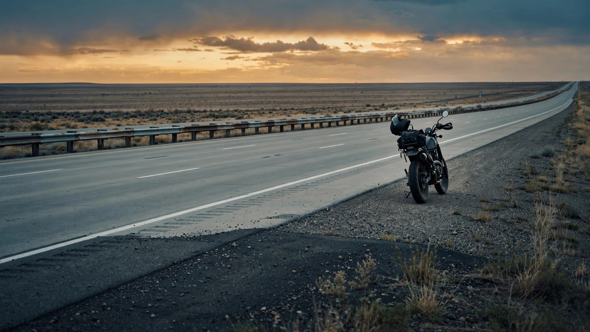 Lone motorcycle parked on empty highway shoulder at dusk