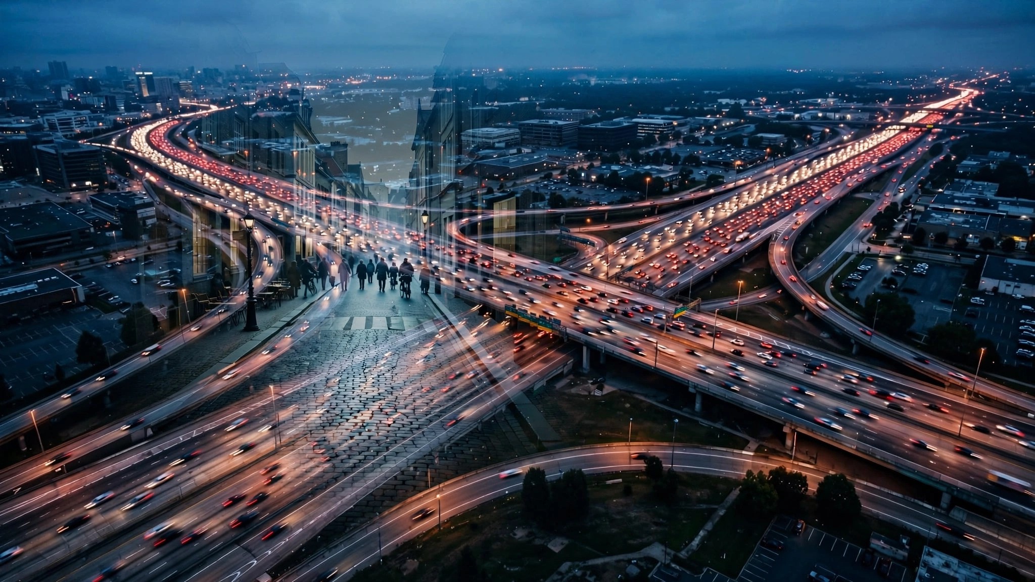 Aerial view of a massive American highway interchange at dusk with streams of headlights and taillights