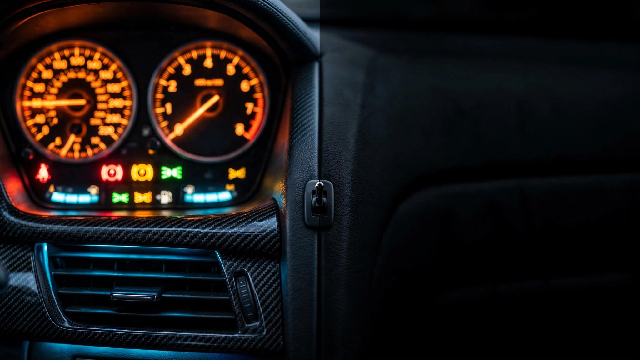 Split car dashboard: left side fully lit, right side completely dead