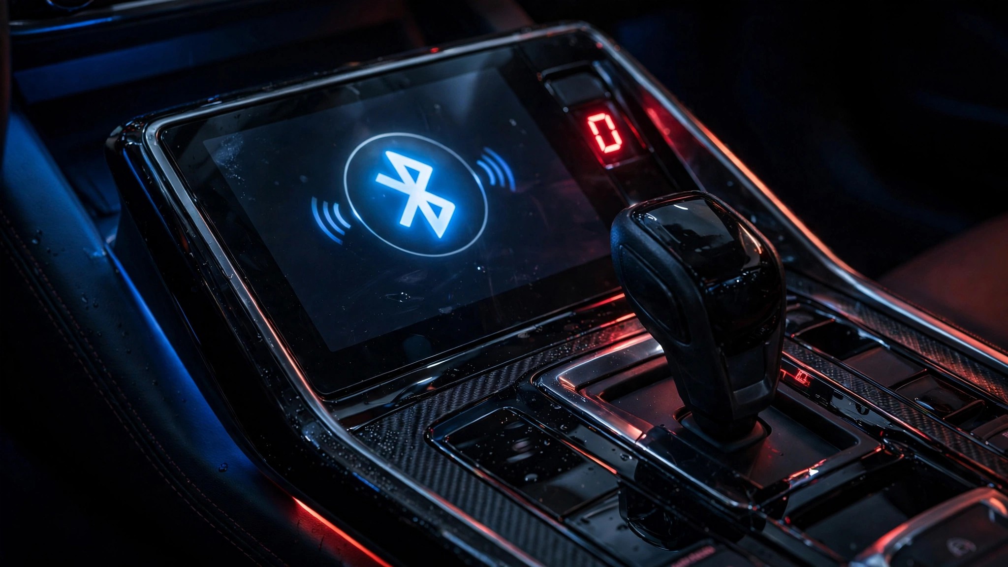 Car infotainment console with Bluetooth icon glowing next to a shifting gear indicator