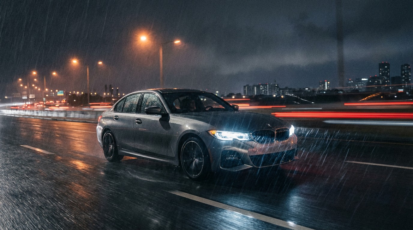 BMW 3 Series sedan speeding on a wet highway at night