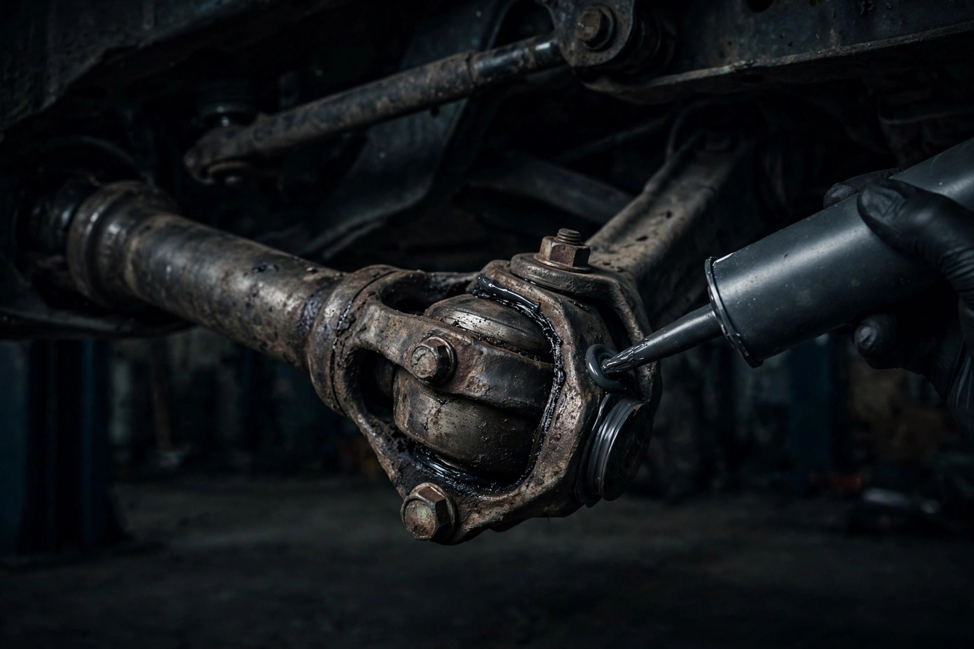 Close-up of a car driveshaft universal joint with a gloved hand applying adhesive sealant from a tube in a dark garage