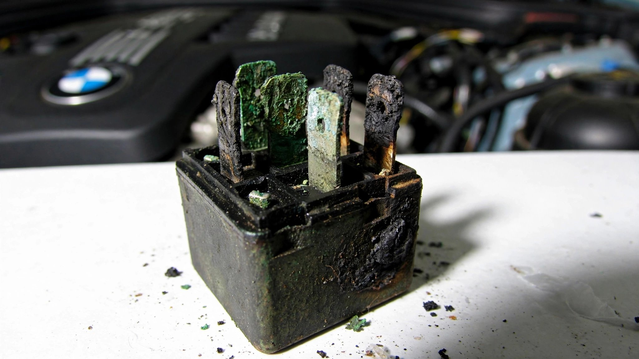 Corroded engine starter relay with heat damage