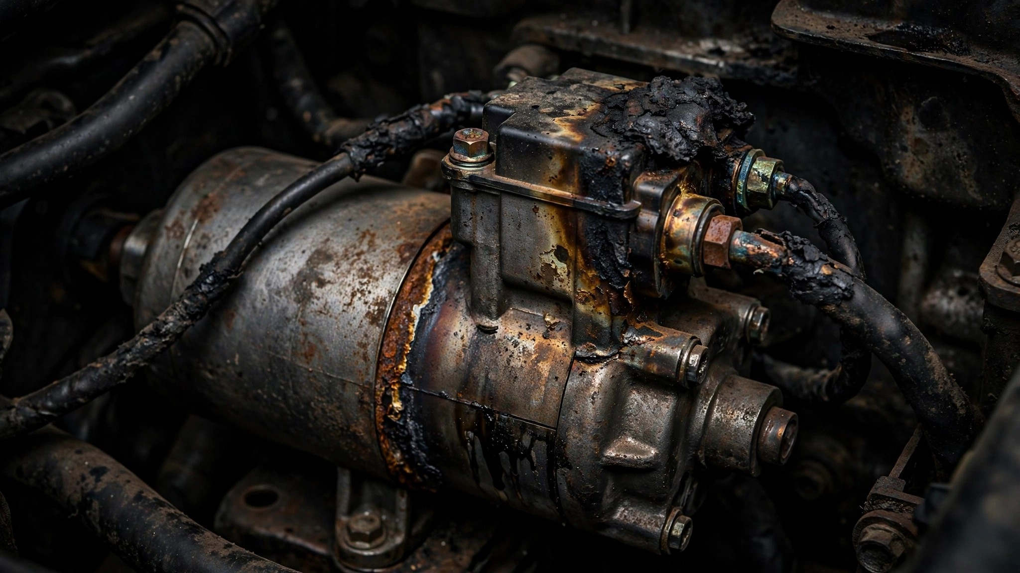 Corroded car starter motor with visible heat damage and scorch marks