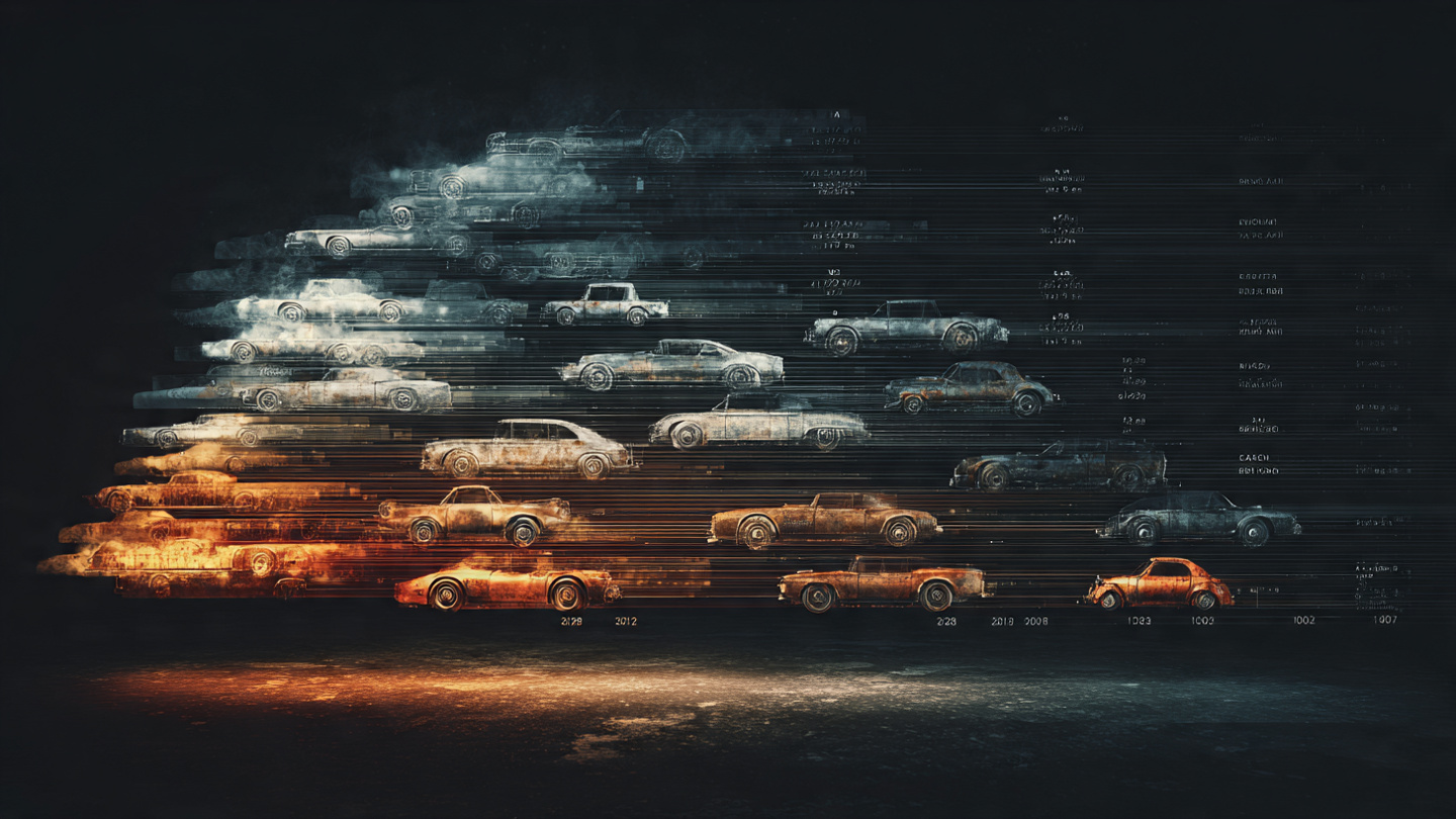 An abstract data visualization showing vehicle brand logos arranged by age, with older brands fading into darkness