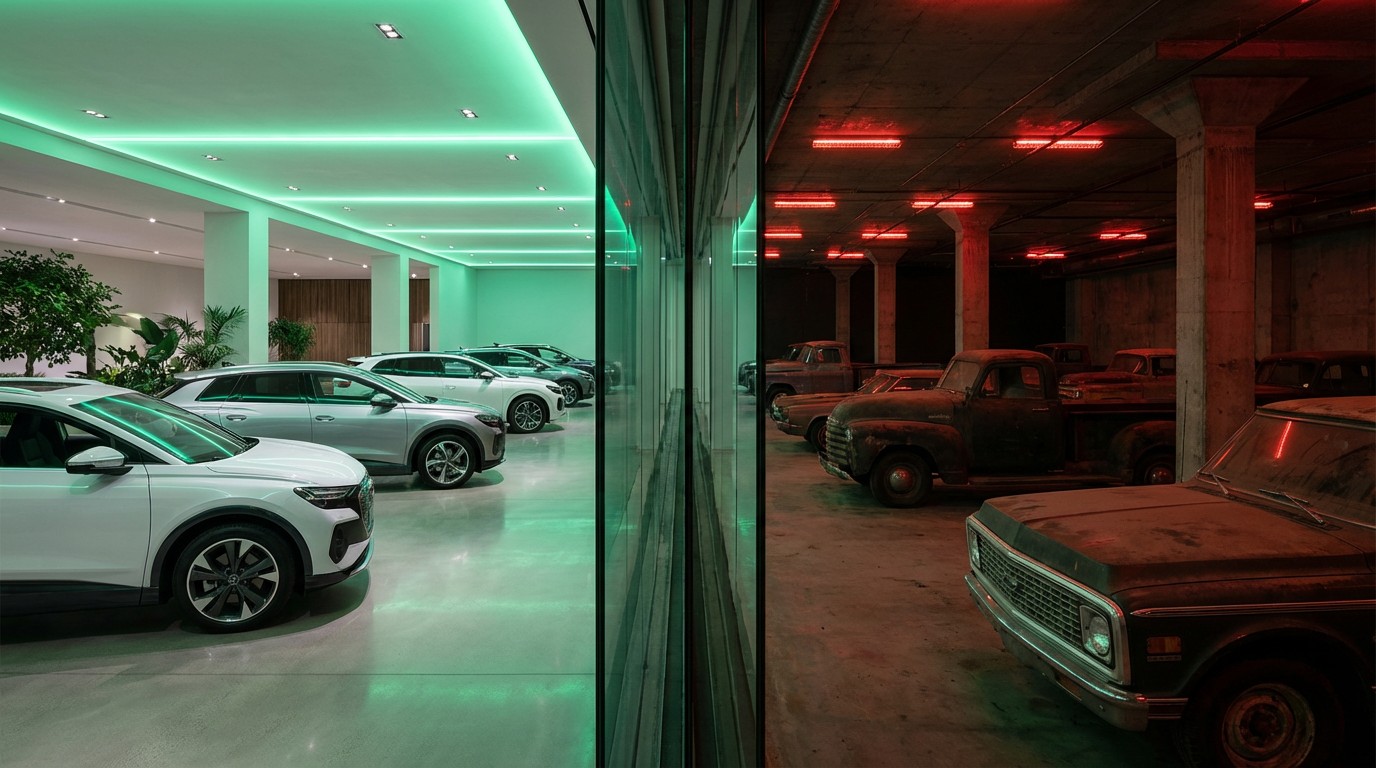 A dramatic car showroom split between safe and dangerous vehicles