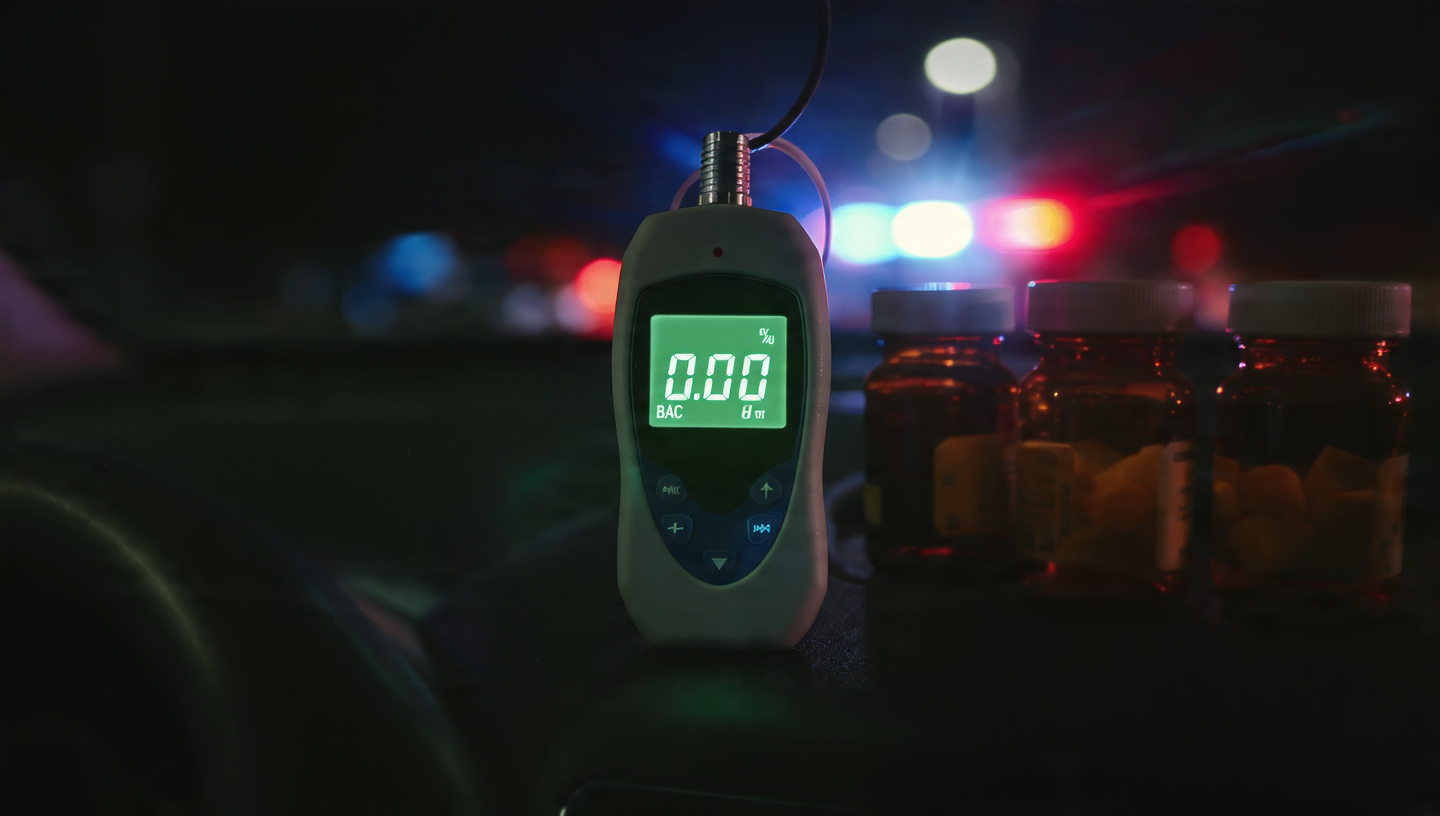 A breathalyzer device showing 0.00 while prescription drugs sit on the passenger seat at a DUI checkpoint