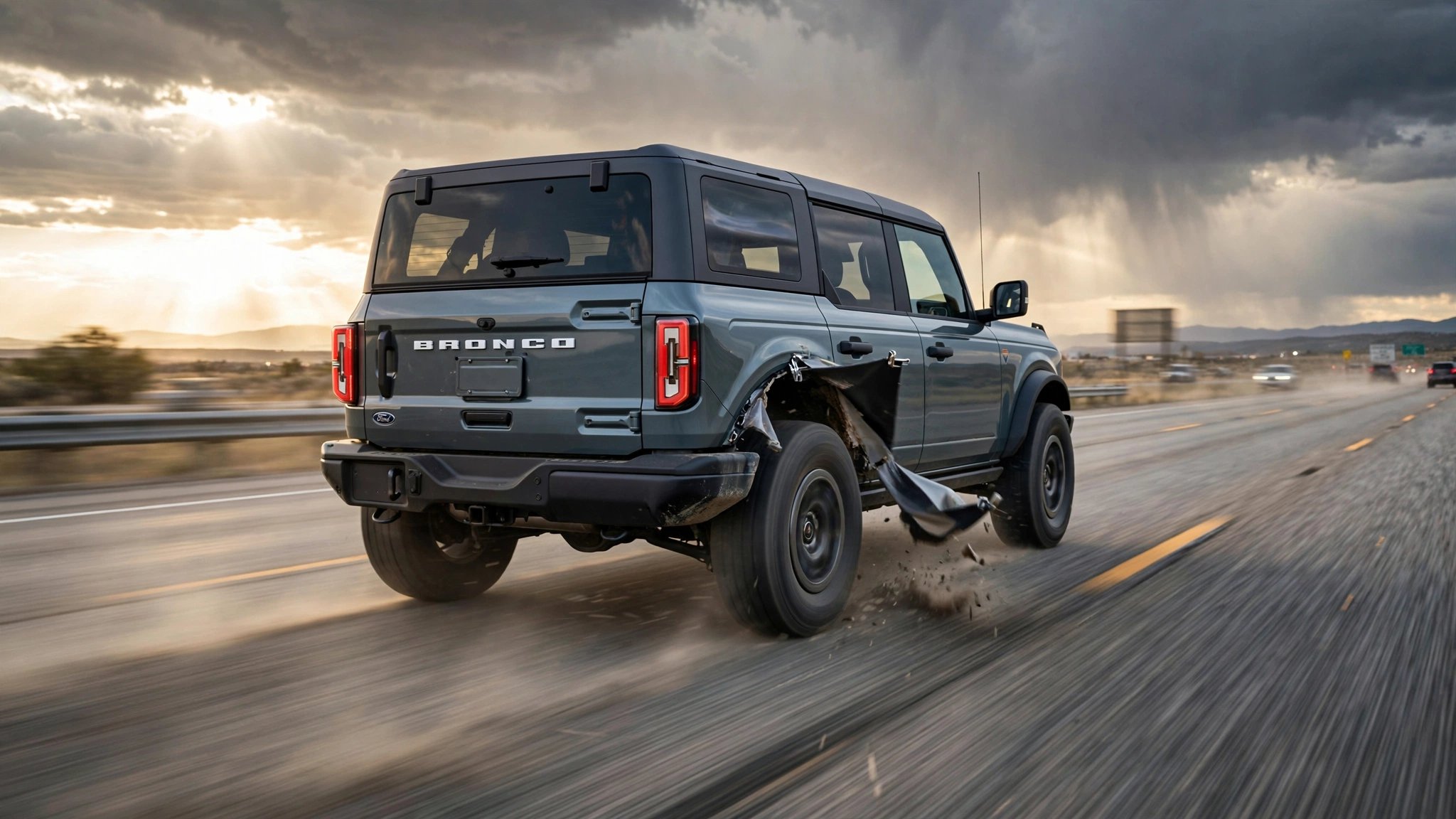 Ford Bronco with fender flare separating on a highway