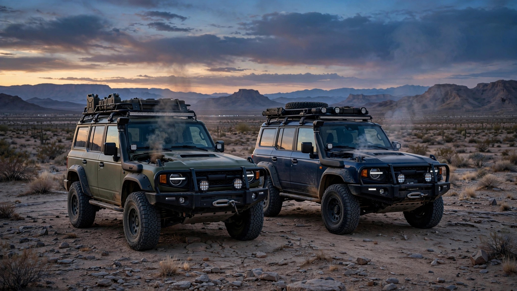 Two off-road SUVs with smoke rising from engine bays
