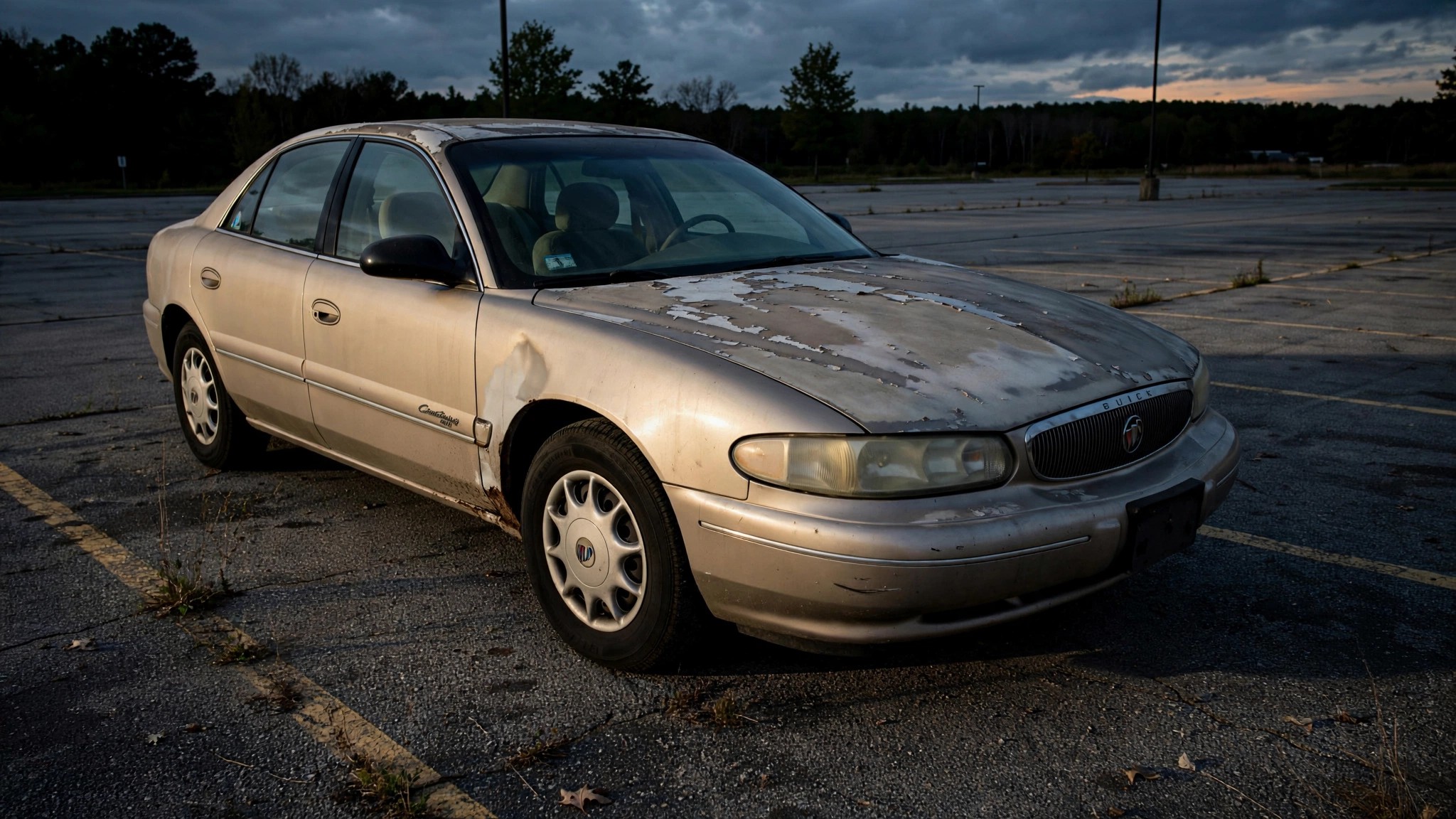 A faded early-2000s Buick Century sedan sitting alone in an empty parking lot at dusk