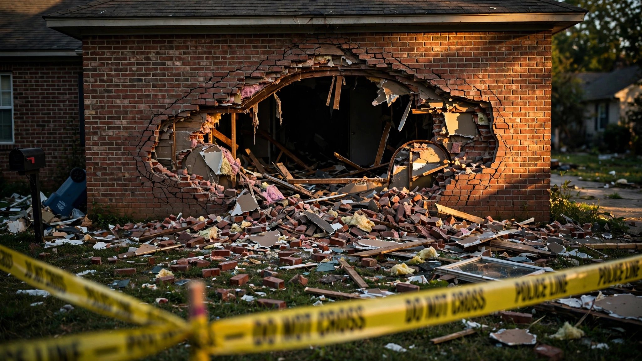 A car-shaped hole in the brick facade of a suburban home with police tape in foreground