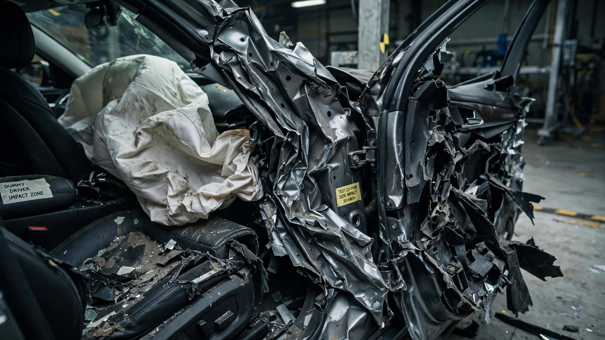 Crushed B-pillar from a luxury sedan side-impact crash test