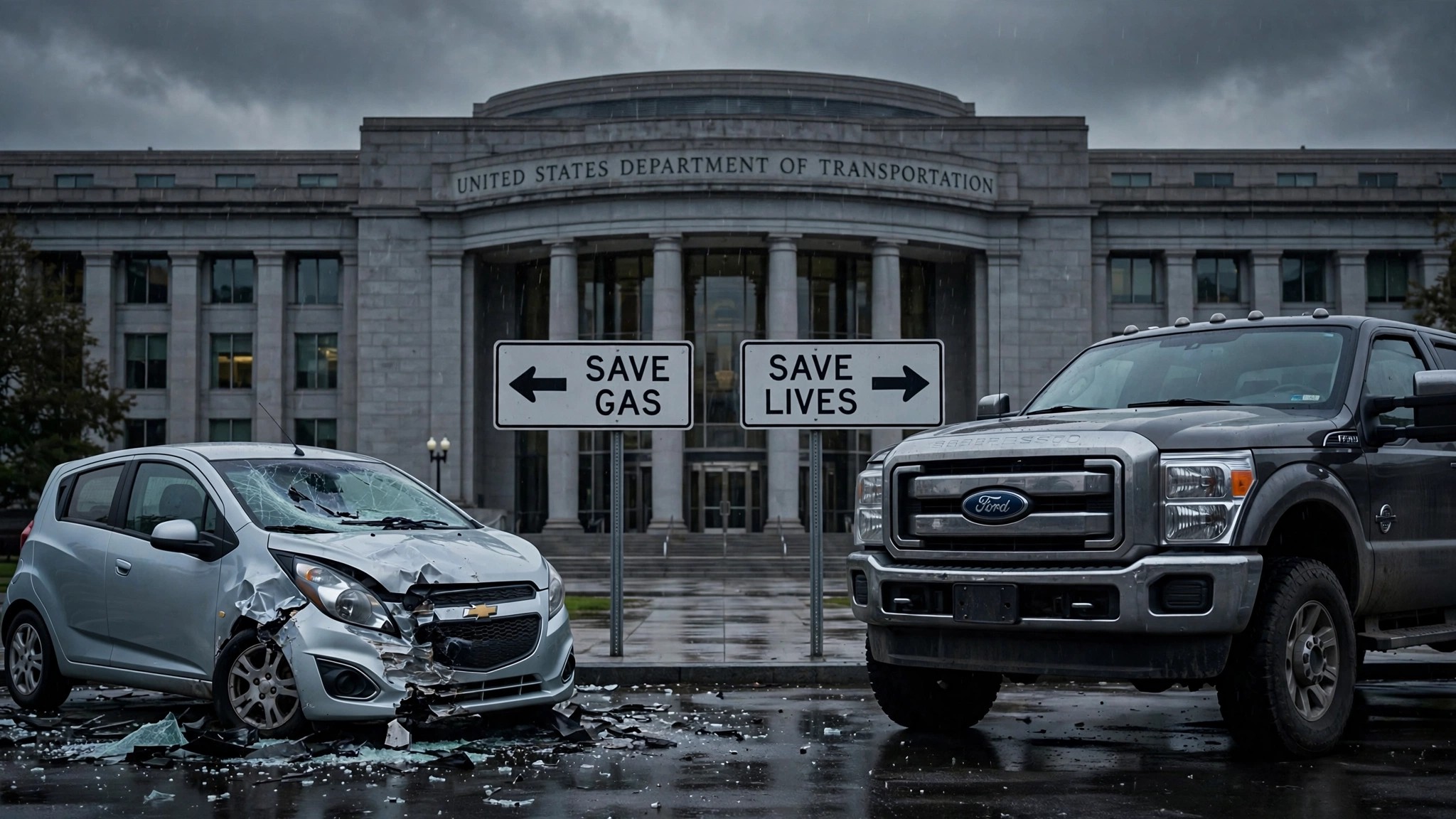 Small sedan vs massive truck illustrating the CAFE weight-safety paradox