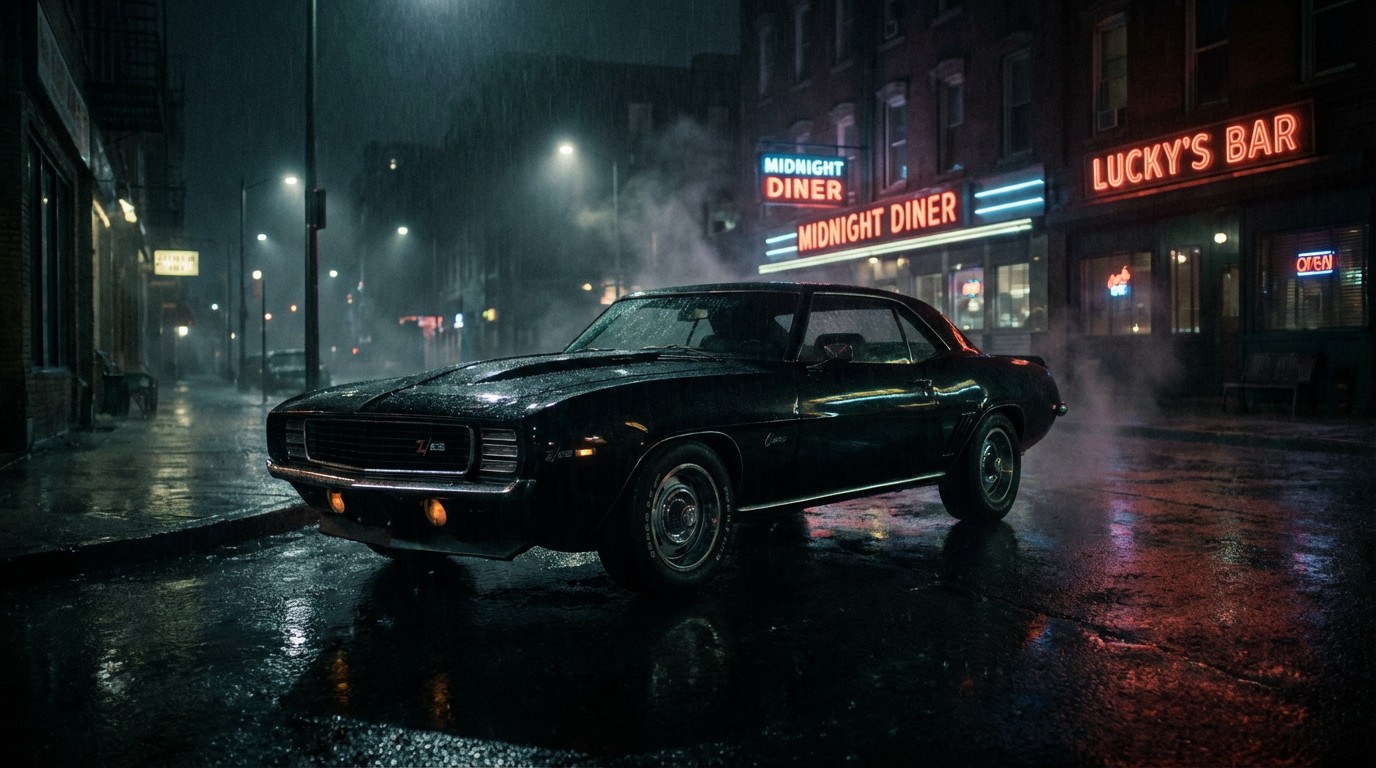 Chevrolet Camaro under dim streetlights at night