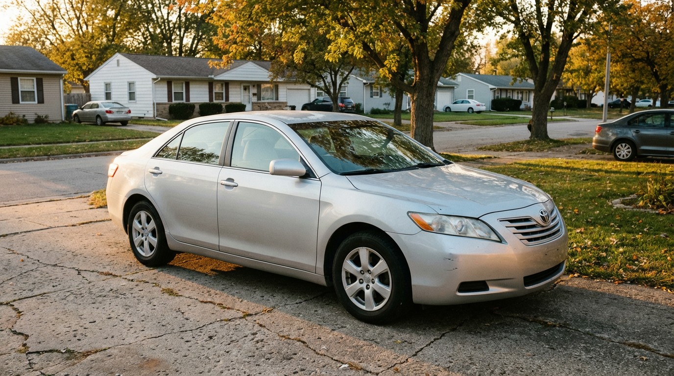 Silver Toyota Camry parked in a quiet suburban driveway
