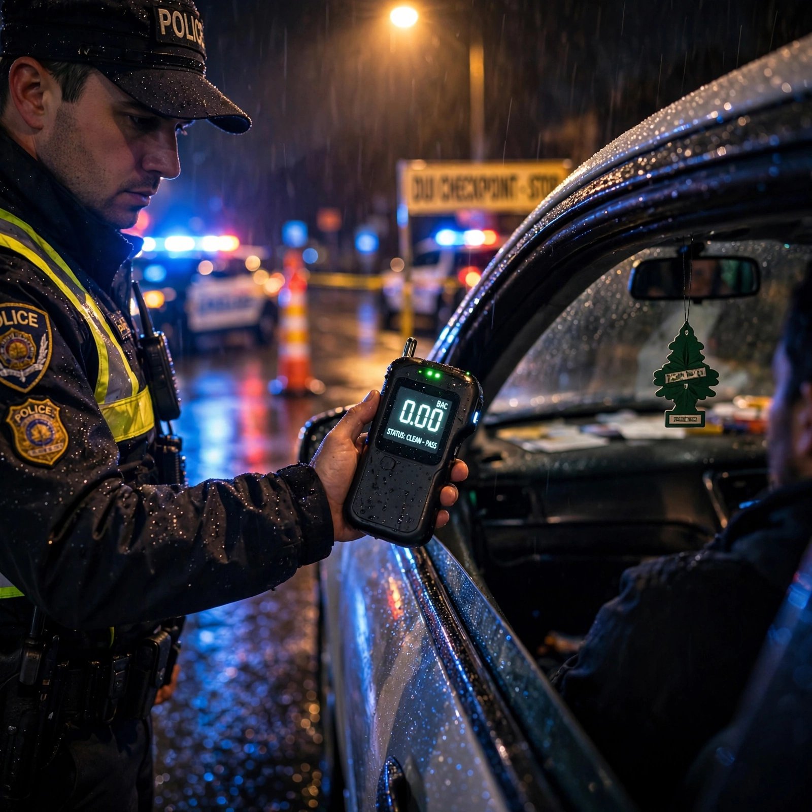 DUI checkpoint at night with breathalyzer showing 0.00 BAC