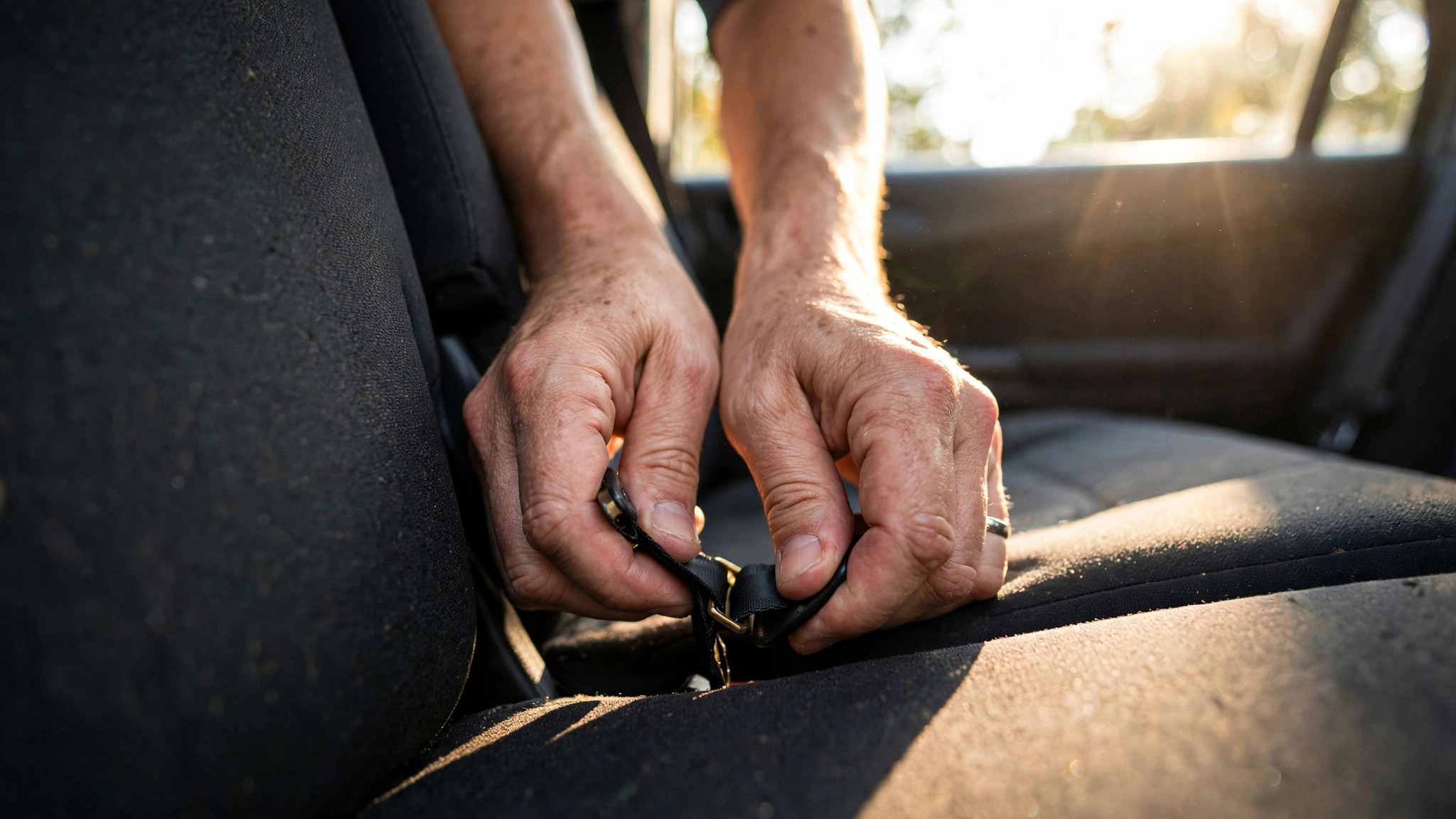 Parent struggling to install child car seat in vehicle rear seat