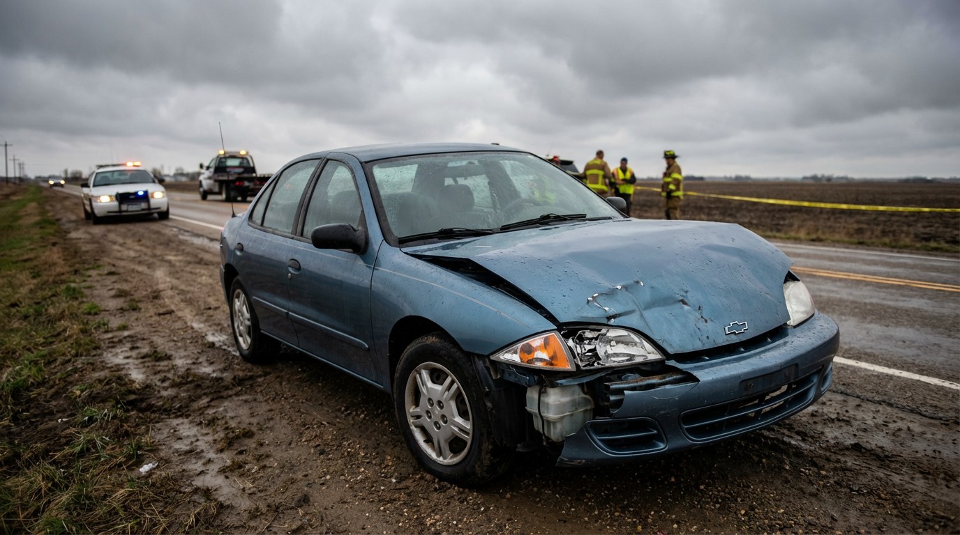 Wrecked blue Chevrolet Cavalier sedan