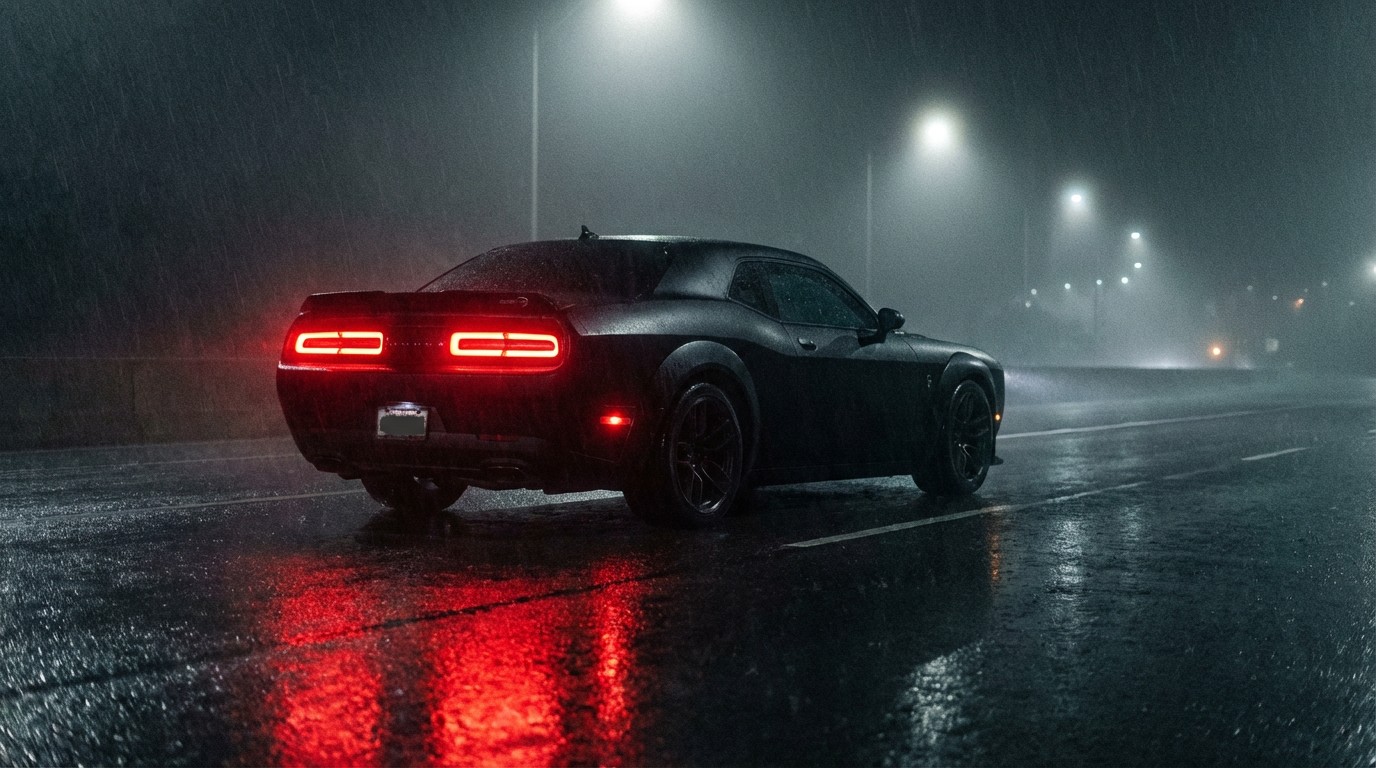 A menacing black Dodge Challenger on a wet highway