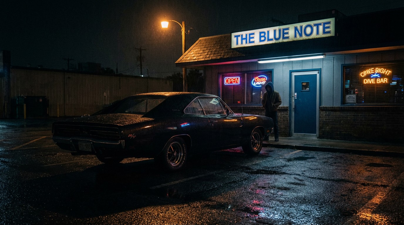 Dodge Charger parked at a bar at night with neon reflections