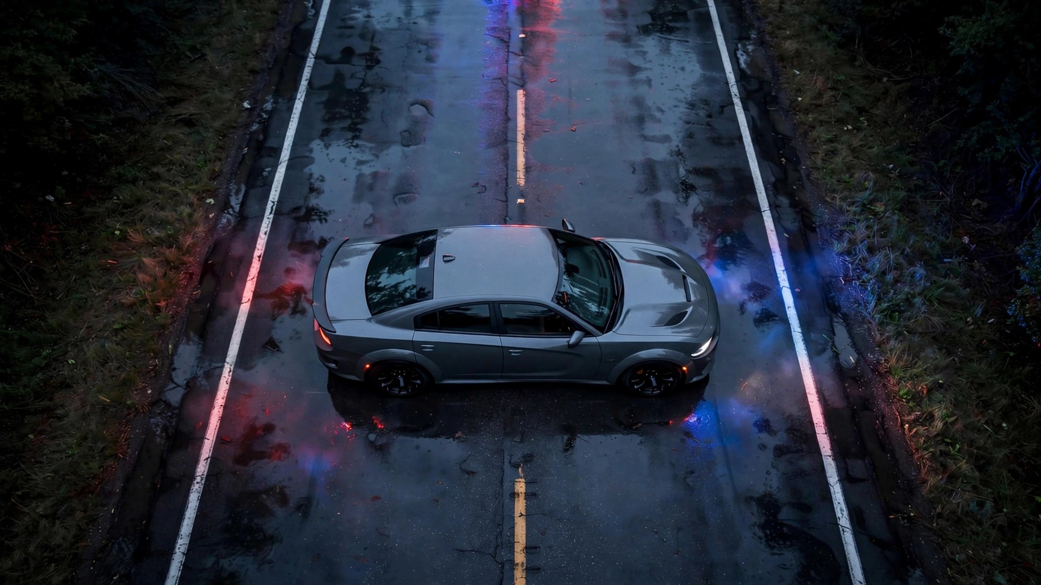 A Dodge Charger HEMI on a dark wet road