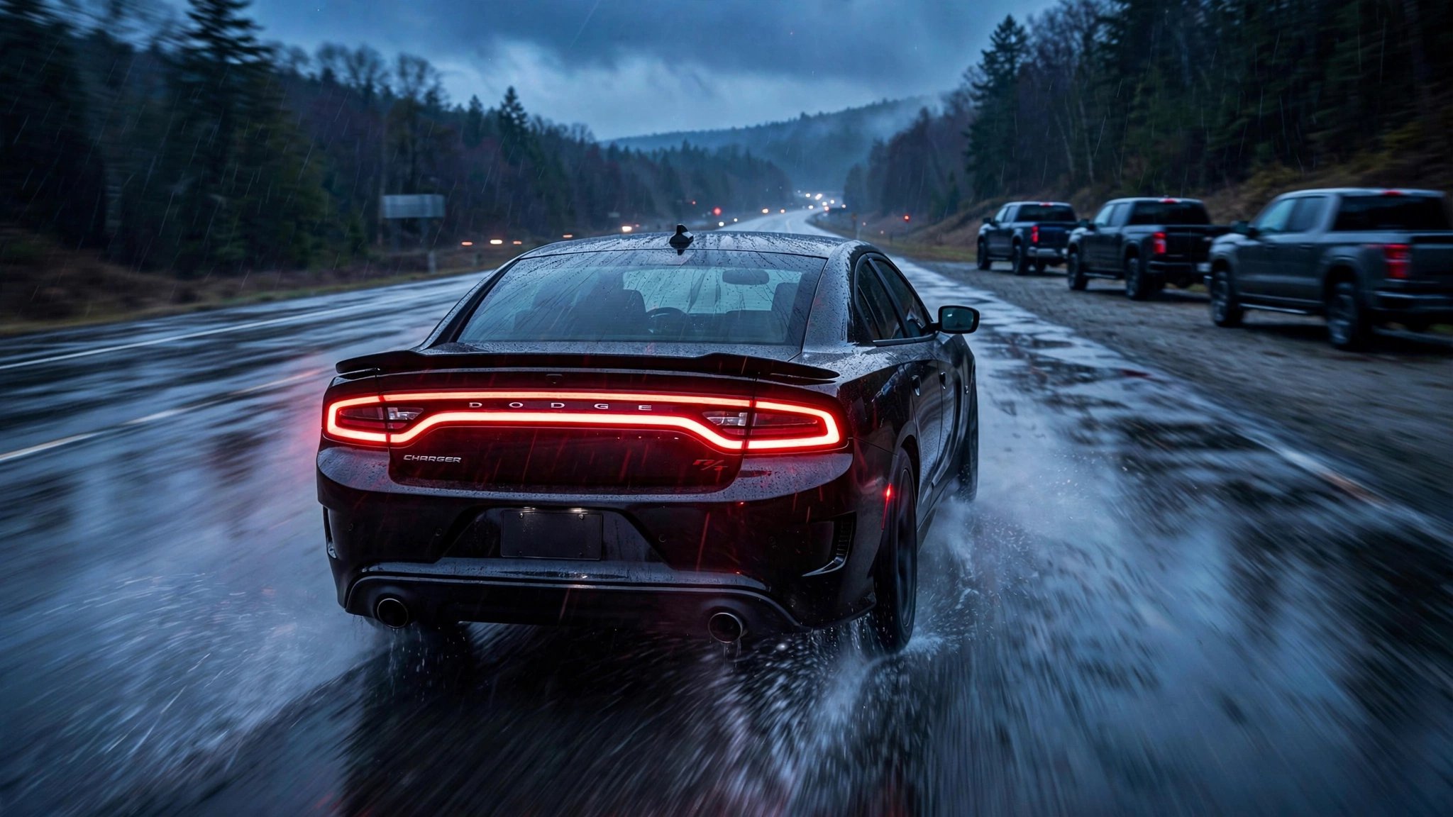 A Dodge Charger speeding on a rain-slicked highway at dusk