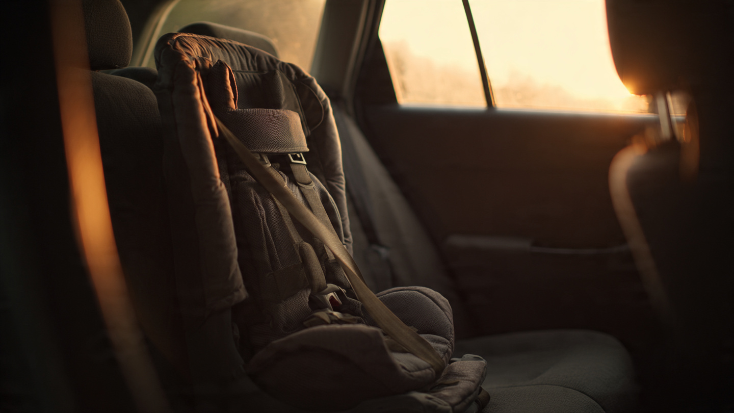 Empty child car seat with loose unbuckled harness straps in the back seat of a car
